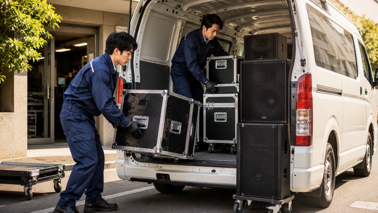 将装在航空箱中的PA器材装上公司厢式车的情景